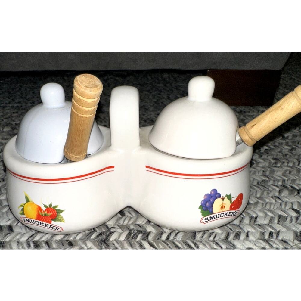 Smuckers Double Covered Jam Jelly Jar with Spoons Preserves Ceramic Bowl Vintage